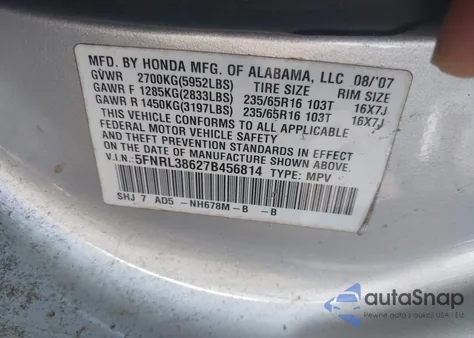 2007 Honda Odyssey Ex-L from USA, damaged, VIN 5FNRL38627B456814